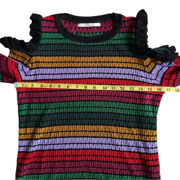 Uterque Knit Striped Open Shoulder Multicolor Sweater Round Neck S Long Sleeve - Picture 5 of 8